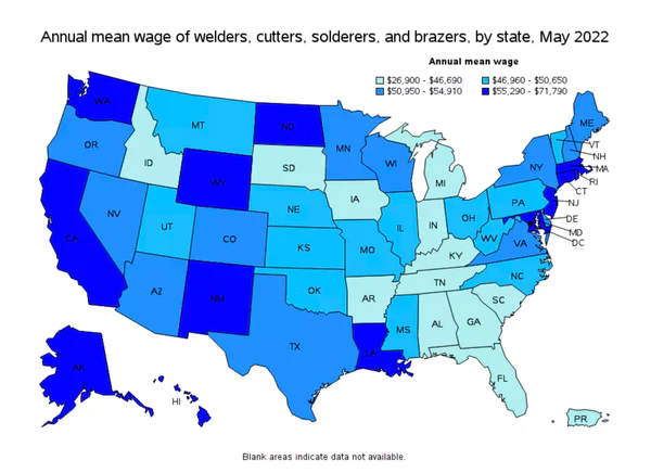 Annual mean wage of welders, cutters, solderers, and brazer