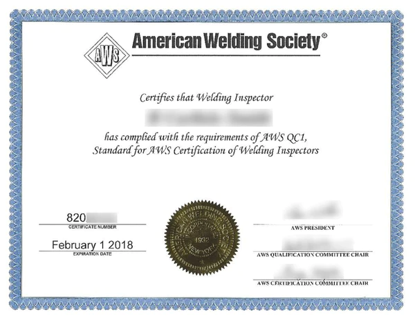 Certified welding inspector certificate